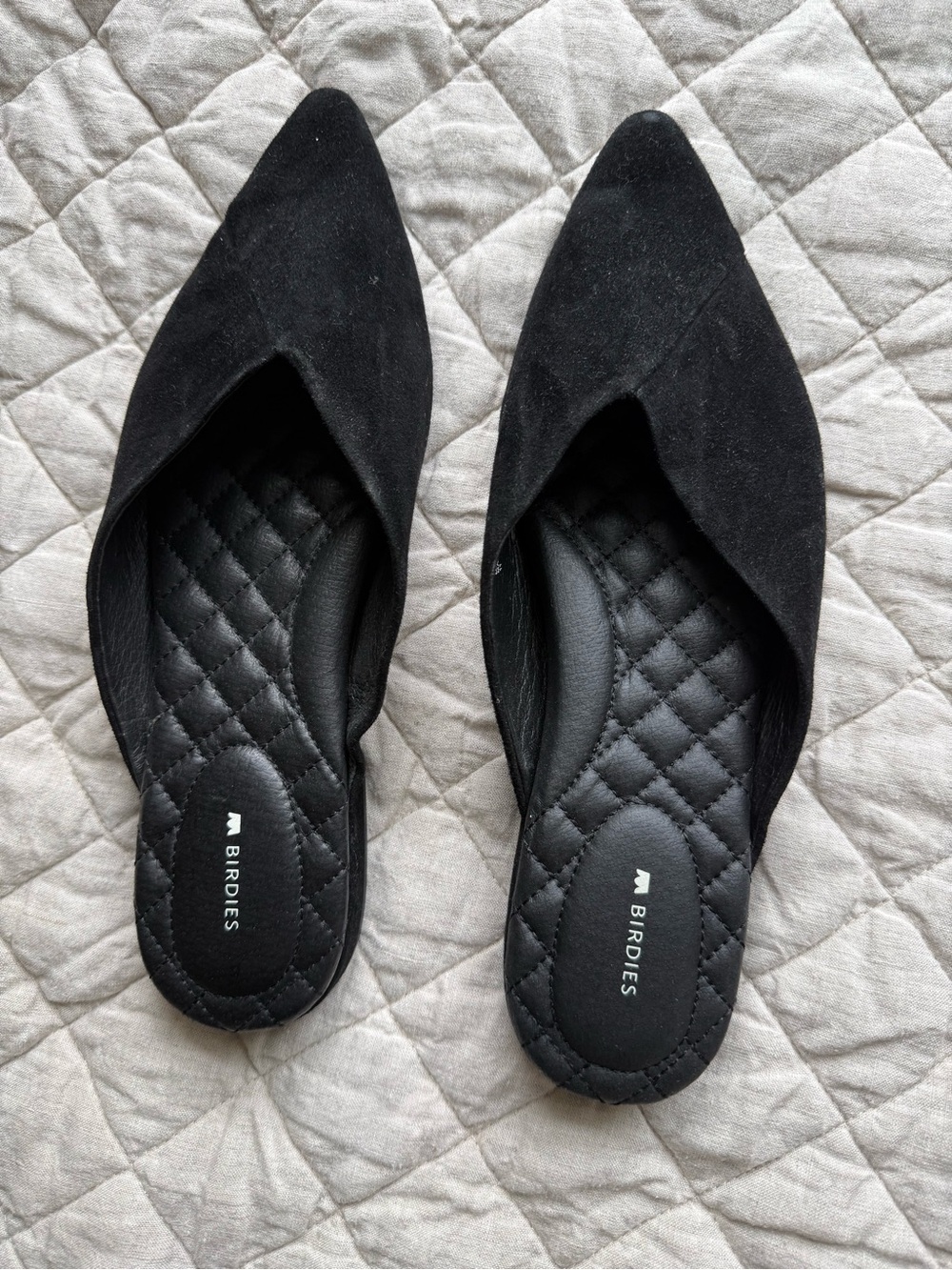 Birdies Black Quilted-Trim Pointed Mule Flats